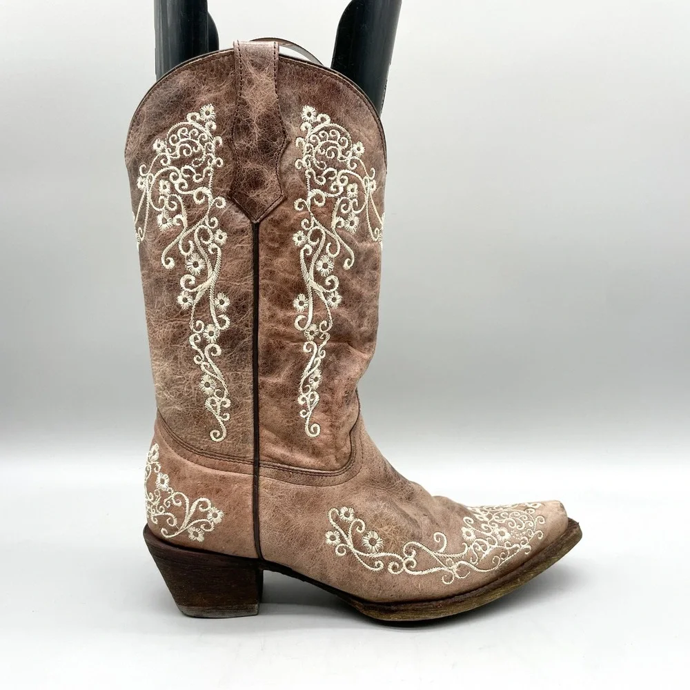 Corral Teens Size 6 Bone Floral Western Cowboy Boots Brown Leather Rustic Rodeo